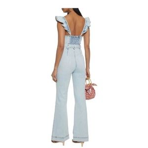 Alice + Olivia Gorgeous Open Back Ruffled Denim Jumpsuit Size 26